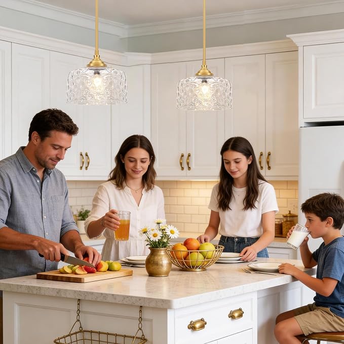 Modern Pendant Lights Kitchen Island, Brushed Gold Pendant Light Fixtures with 9.45" Clear Hammered Glass Shade, Industrial Hanging Pendant Lights for Kitchen Island Dining Room Bedroom Entryway