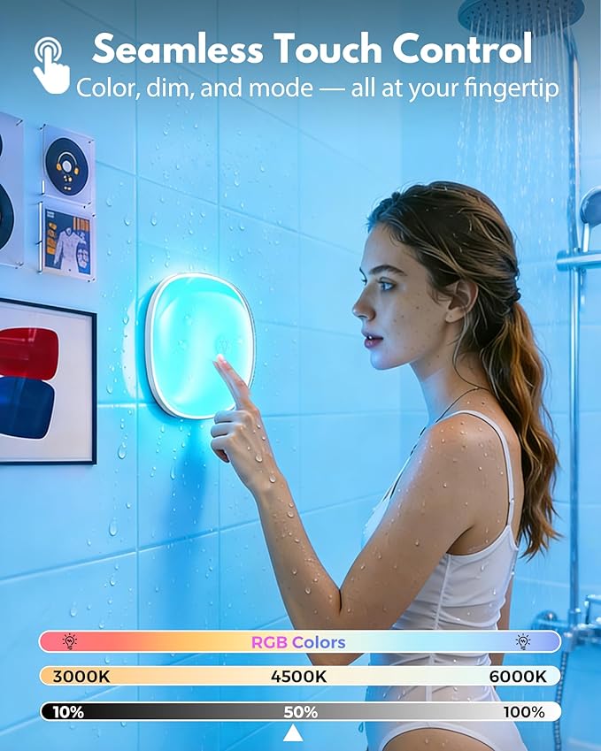 Gotopceed IP65 Waterproof Rechargeable Shower Light - 6″ 300LM Bright, 16 Colors Bathroom Mood Lighting with Touch & Remote, Magnetic Wireless Ceiling/Wall Light for Inside Shower/Bathtub