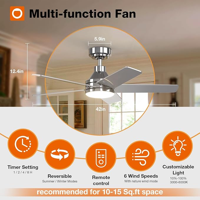 addlon 42 Inch Nickel Ceiling Fans with Lights and Remote | Reversible DC motor, 6-speed, Timer, 3CCT Dimmable, Quiet, Small Ceiling Fan for Bedroom, Living Room, Indoor/Outdoor Use