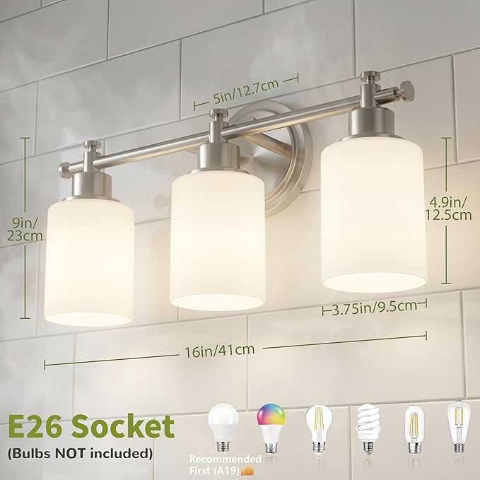 3-Light Bathroom Vanity Light Fixtures, Brushed Nickel Bathroom Wall Sconce, Modern Sliver Vanity Light with Milky White Glass Shade Over Mirror, Bathroom, Bedroom, E26 Base, 17 Inch