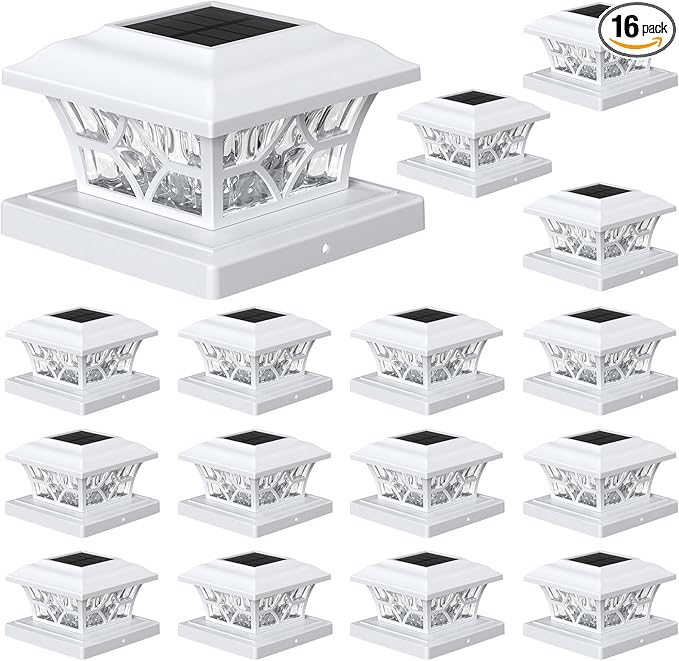 APONUO Solar Post Cap Lights 16 Pack with 1000mAh Battery - for 4x4 5x5 6x6 Fences, Larger Size & Longer Lasting, 2-Mode, IP64 Waterproof, for Deck Patio Yard (White)