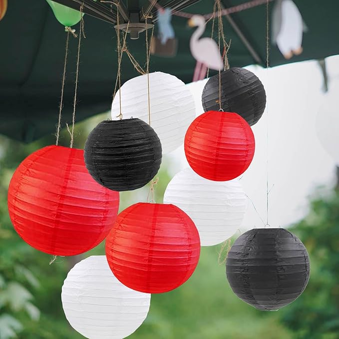 Black Red and White Paper Lanterns 12Pcs Hanging Round Paper Lanterns Decorative for Graduation Baby Shower Wedding Birthday Family Parties ﻿