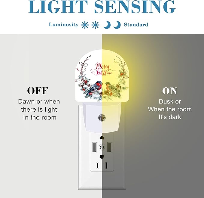 Plug in Night Lights Watercolor Christmas Wreath with Bullfinches Nightlight Plug Into Wall Dusk to Dawn Sensor LED Night Light for Kid Girls Boys Room Decor,Hallway,Kitchen,Bathroom,Nursery