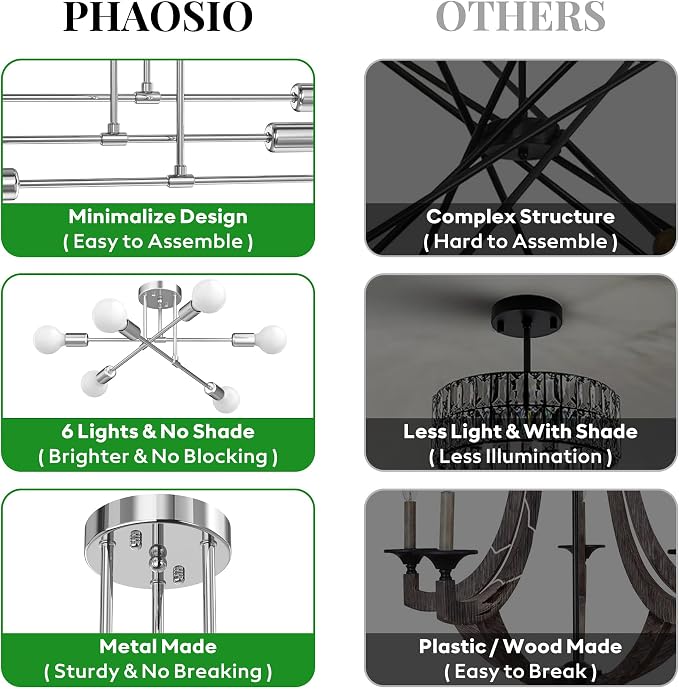 Modern Sputnik Chandelier Ceiling Light Fixtures, 6-Lights 22” Mid Century Industrial Metal Semi Flush Mount for Dining Room, Bedroom, Living Room-Glossy Silver