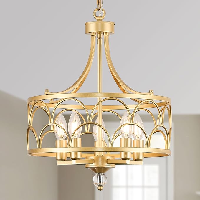5-Light Chandelier E12 Base Round 15.2in - Gold Metal Farmhouse Lantern Pendant Light Fixture,Adjustable Hanging Ceiling Lighting,for Kitchen Island,Entryway,Dining Room,Living Room