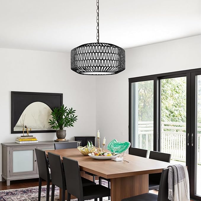 Farmhouse Chandelier Light Fixture, 5-Light Rattan Boho Chandeliers for Dining Room, Hand Woven Pendant Light with Linen Shade, Rustic Hanging Lighting for Kitchen Island, Bedroom (Bulb Not Included)