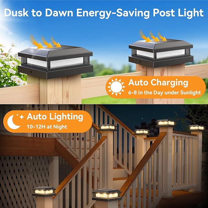 Brightever 4x4 Solar Post Cap Lights Outdoor 8 Packs, Waterproof Solar Powered Deck Light for 5x5 Vinyl/Wooden Posts, Black Outside Warm/Cool Lighting Fence Cap Lights with 16LEDs for Garden, Patio