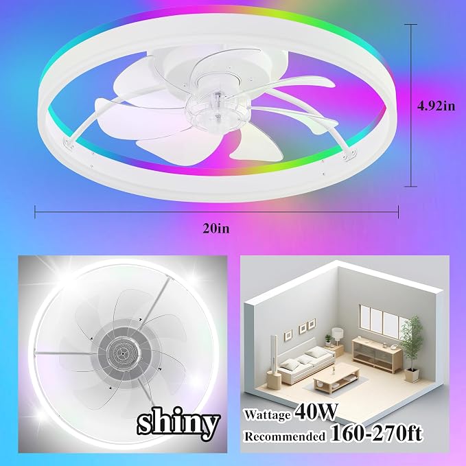 Smart Ceiling Fans with RGB Lights Remote - 20'' Flush Mount Low Profile Modern Ceiling Fans for Bedroom - Stepless Color Temperature and 6 Speeds