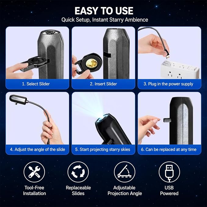 Plug and Play Star Projector Night Light – HD Glass Lens, 360° Flexible Neck, USB Powered, Interchangeable Theme Discs, Portable Galaxy Lamp for Bedroom, Home Theater, Car, or Travel (17 Slides)