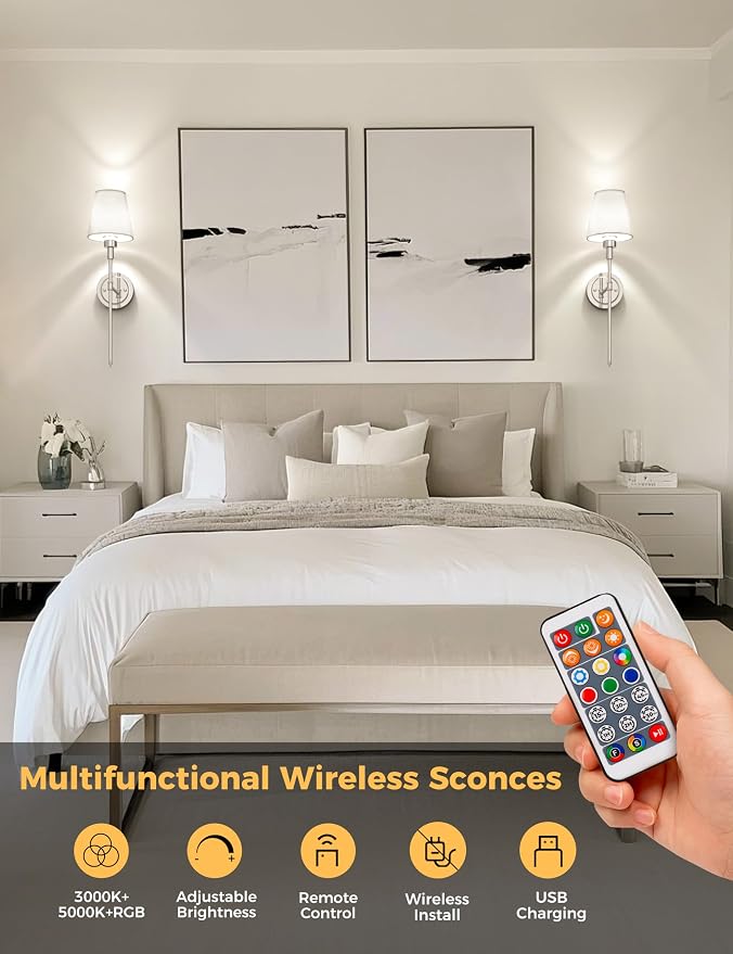 Battery Operated Wall Sconce: Set of 2 Wireless Wall Light 12000mAh | 15 Color Rechargeable Wall Sconces, Sconce Wall Decor Set of 2 for Bedroom, Living Room, Chrome, 24.6in