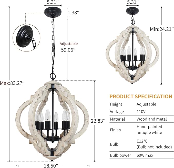 6-Light White Farmhouse Chandelier, French Country Rustic Wood Light Fixture for Dining Room, Kitchen Island, Bedroom, Entryway, Living Room
