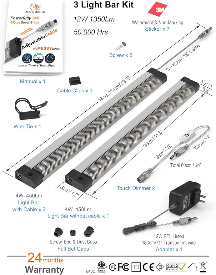 EBD Under Cabinet Lights Plug in 3 Pcs 12 Inch, No Messy Wires Built-in Adjustable Cable LED Light Bar 3000K 1350LM for Kitchen Home Office, Dimmer Memory for Smart Plug, Neat Under Counter Lighting
