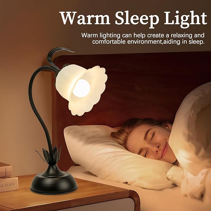 Vintage Flower Table Lamp, 3 Color Temperature Flexible Gooseneck Cute Small Desk Lamp for Bedroom, Kawaii Nightstand Bedside Lamps for Living Room, Dorm, Office, Home Decor (Black)