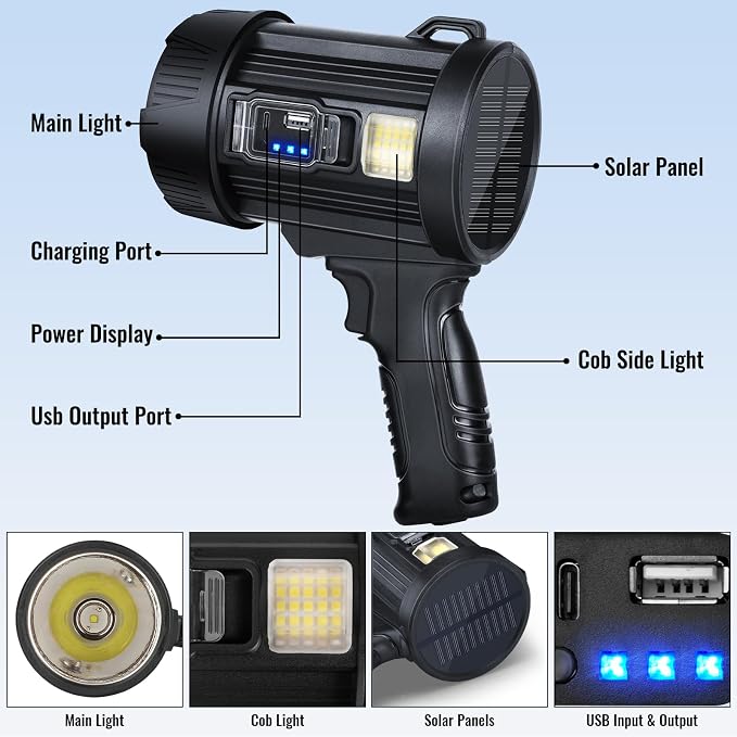 Sigoobal Rechargeable Spotlight,2000000 LM Super Bright Handheld Spot Light LED Flashlight High Lumens,Powered Spotlight Large Searchlight Outdoor with Solar Panels for Boating Camping Hunting