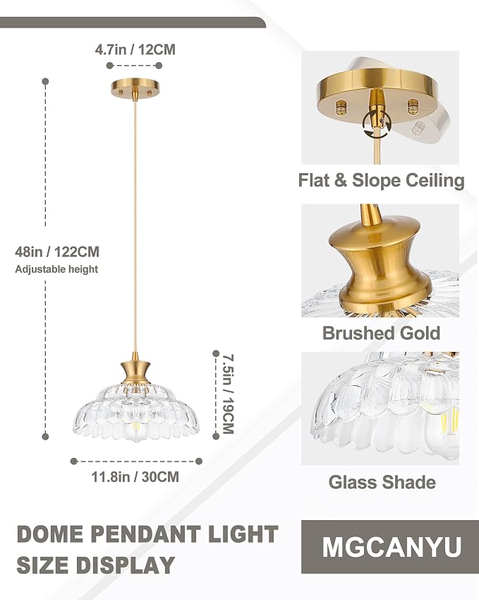 2Pack Glass Pendant Lights Kitchen Island, 11.8" Vintage Lighting Glass Light Fixtures Brushed Gold Modern Chandelier Hanging Ceiling for Dining Living Room Restaurant Bedroom Foyer