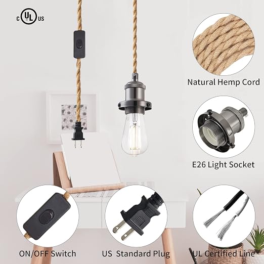 15.4ft Pendant Light Cord Kit, Industrial Vintage Plug in E26 Socket Hanging Light with Switch, Hemp Rope Hanging Light Fixture for Pendant Lamp Farmhouse Lamp Cable DIY