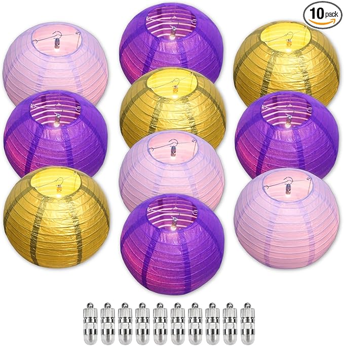Chinese Paper Lanterns - Pack of 10, 10-Inch Purple/Gold Hanging Lights for Birthday Party Decorations, Ceiling Decor, Rainbow Classroom, Wedding, and Home Party