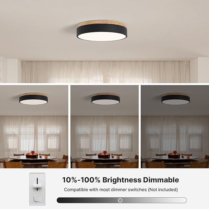 12" Minimalist Black and Wood LED Flush Mount Ceiling Light Fixture | Natural Wood Accent, Integrated LED, 5CCT Before Installation, Slim Low-Profile Design, Minimalist Modern Style, Compact Size