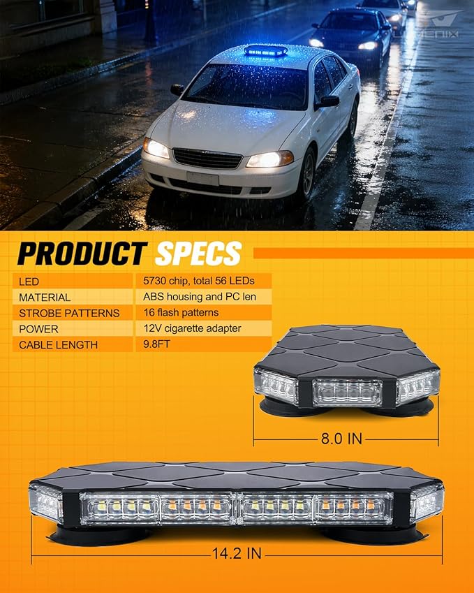 LUMENIX 56 LED Roof Top Strobe Beacon Lights Bar Rooftop Hazard Warning Emergency Safety Flashing Blue Light for Volunteer Firefighters Police Law Enforcement Vehicles Trucks Patrol Cars