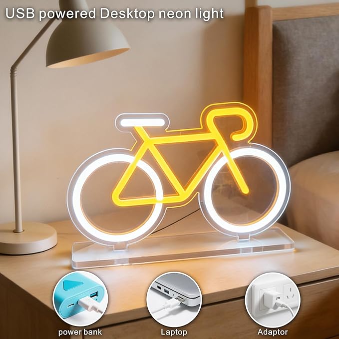 Bicycle Neon Sign Night Light - USB Powered Desk Lamp with 9-Level Brightness, Safe Soft Silicone LED Mood Lighting for Room Decor & Home Decor,Bedroom, Office，Aesthetic Gift for Cyclists & Home Decor Enthusiasts