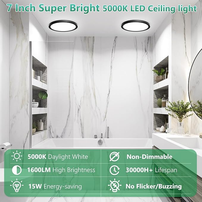 Brightever Black LED Flush Mount Ceiling Light Fixture, 7 Inch 15W, Ultra Thin 0.67 Inch Small Ceiling Light, 5000K Daylight White 1500LM Ceiling Lamps for Bathroom, Pantry, Non-Dimmable, 1 Pack