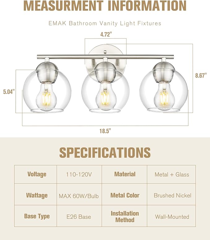 Emak Modern Brushed Nickel Bathroom Light Fixtures, 3-Light Globe Vanity Lights with Clear Glass Shade, VL114-BN-3