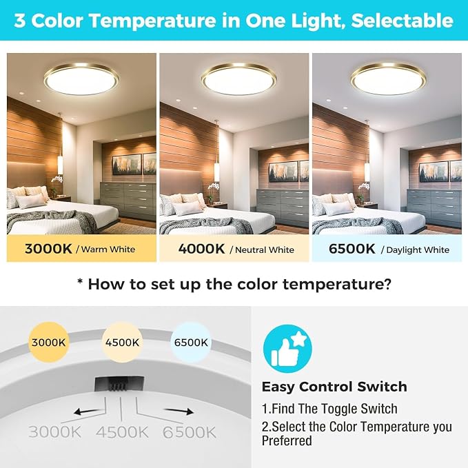 zemty 6Pack 6.5Inch LED Ceiling Lights Gold, 12W 1200lm Small Flush Mount Light Fixture, 3000K/ 4000K/ 6500K Round Flat Recessed Ceiling Lights for Kitchen, Closet, Hallway,Pantry