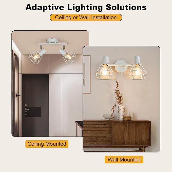 HiBay 2-Light Ceiling Track Lighting Fxiture White, Modern Spotlight, E26 | Rotatable 2 heads with farmhouse metal cage shade for kitchen bedroom bedside wall, bulb not included