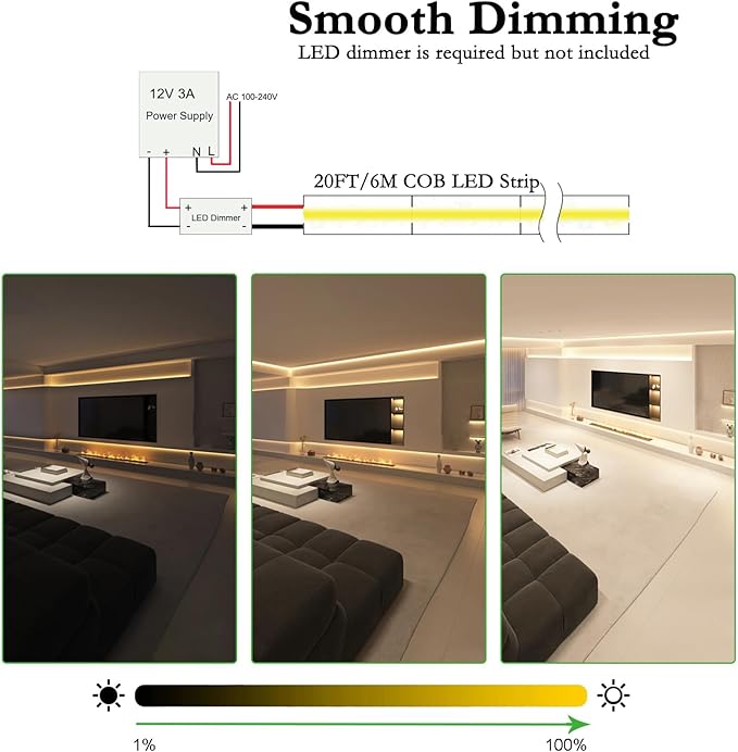 JOYLIT 12V COB LED Strip Lights 20FT/6M IP65 Waterproof 3000K Warm White 320LEDs/M CRI 90+, Bright Uniform Spotless Dimmable Adhesive Tape Lights for Kitchen Cabinet, Counter, Shelf, Stair