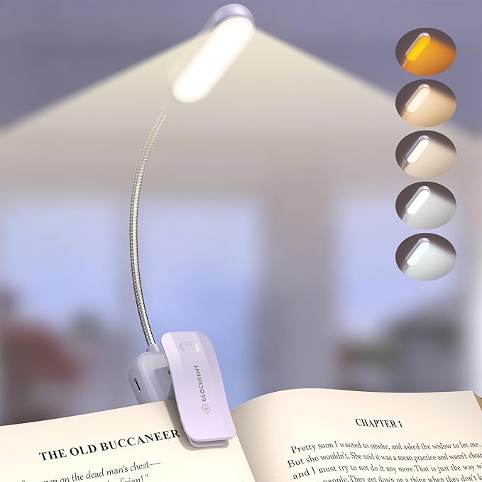 Glocusent 20 LED Reading Lights for Books in Bed, Eye Caring Reading Light | 5 Colors & 5 Brightness 3–100LM Dimmable, 1200mAh Rechargeable Book Light to 90H, Lightweight Clip on Light for Book Lovers