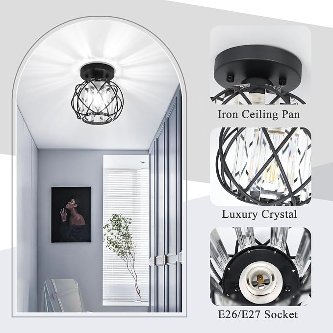 Hallway Ceiling Light Fixtures,Flush Mount Ceiling Light Fixture E26 Ceiling Lighting with Crystal Small Chandelier Indoor Lighting for Foyer Entryway Bedroom Closet Living Room 2Pack