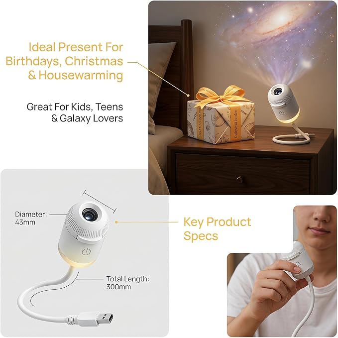 Galaxy Projector Night Light, 2-in-1 Star Projector (12 Film) | Adjustable Brightness, USB Plug & Play Ambient Light for Bedroom Ceiling Wall, Kids Room, Home Decor & Gifts