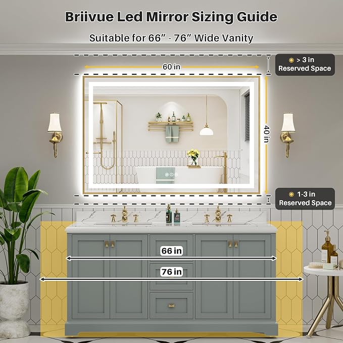 60x40 Inch LED Bathroom Mirror with Gold Frame, Backlit & Front Lit | Anti-fog, 3 Color Dimmable, Memory Function, HD Reflection Tempered Glass, ETL Listed, IP54 Waterproof