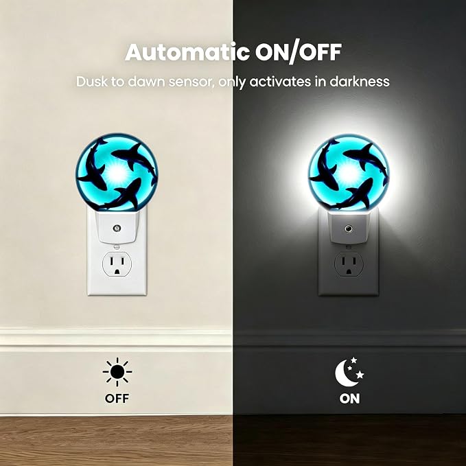 Nightlight Ocean Blue Plug-in Night Lights Dusk to Dawn | Floating Sharks Night Light LED Round Lamp with Auto on/off Sensor for Kitchen Hallway Bedroom Bathroom