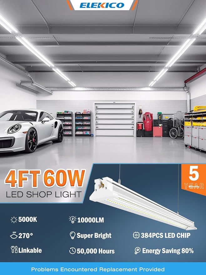 Commercial-grade 10000LM 5000K 60W Linkable 4 Foot Led Shop Lights for Shop | Upgrade Super Bright 4 Pack Hanging&Surface Mount 4' Linkable 4FT Led Shop Light Fixture for Workshop Garage Workbench