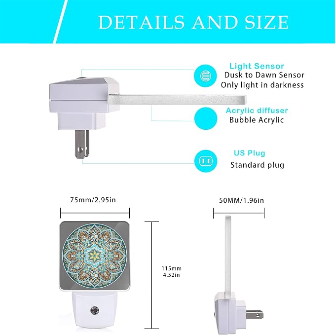 Mandala Floral Night Light,Yellow and Brown Ethnic Style Plug-in Night Lights with Dusk-to-Dawn Sensor for Stairway/Hallway/Bedroom Sleep Friendly lamp for Women/Girls/Boys Gift,0.5W
