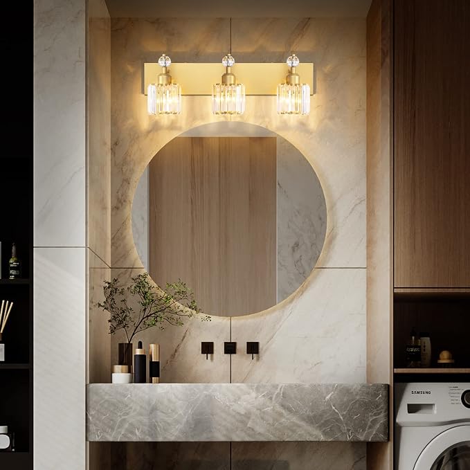 PRESDE Crystal 3 Light Vanity Light for Bathroom Gold Bathroom Lights Fixtures Over Mirror Modern Wall Sconce Lamp