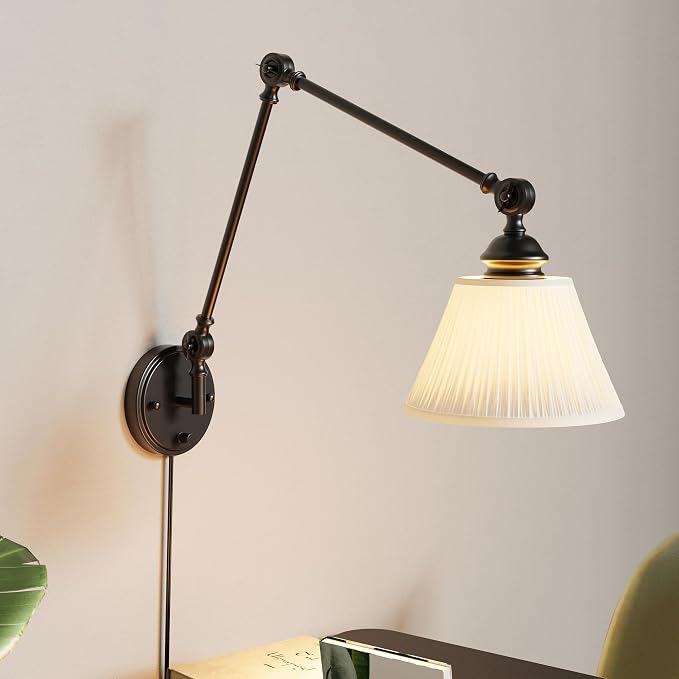Plug in Wall Sconce, Black Adjustable Swing Arm Wall Lamp, 1 Pack | Fabric Lampshade, Plug-in or Hardwired, E26 Base, 6.6FT Plug-in Cord, Knob Switch, Living room, bedroom, study room, office