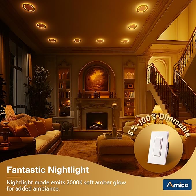 Amico 12 Pack 6 Inch 5CCT LED Recessed Ceiling Light with Double Ring Night Light, 2700-5000K Selectable Ultra-Thin Recessed Lighting, 12W=110W, 1100LM, Dimmable Canless Wafer Downlight, ETL, FCC