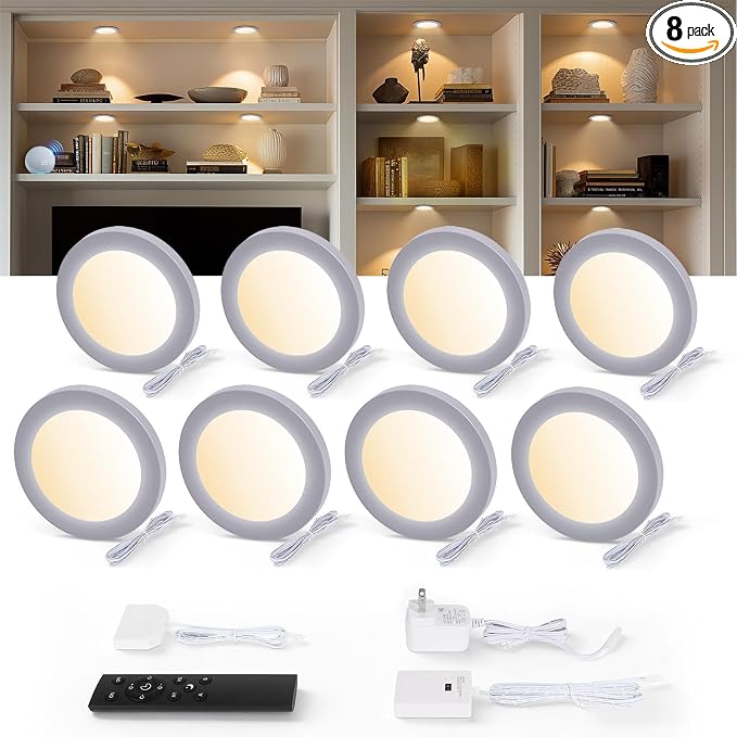 V4light LED Puck Lights, Smart Under Cabinet Lighting with Remote, 8 Pack | Dimmable 2700K-6500K, Alexa Voice Control, Plug-In Wired, Adhesive Mount, For Kitchen Counter Closet Shelf Display Case