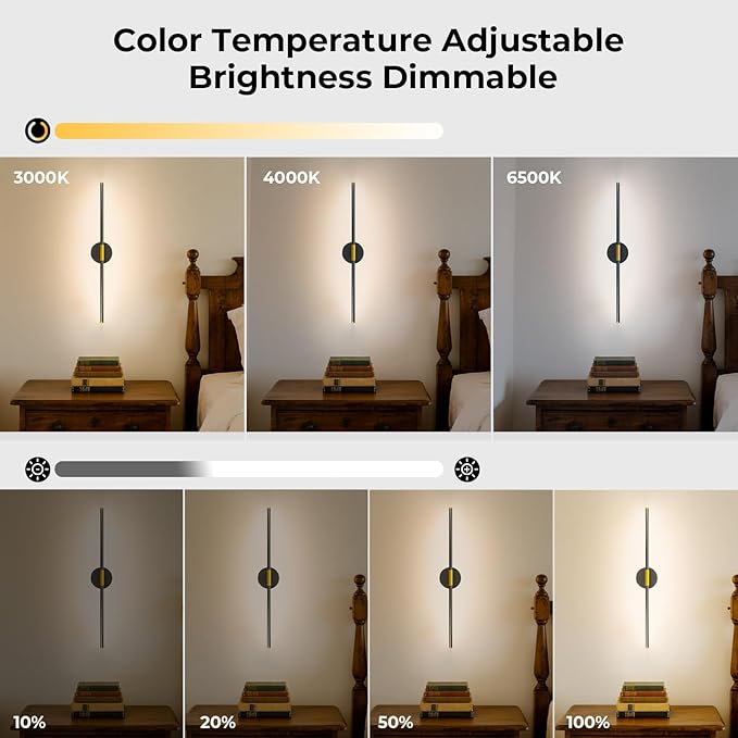 28.3" Battery Operated Wall Sconces Set of 2, 360°Rotation Rechargeable Wall Lights with Remote Control, 3000K-6500K LED Detachable Wall Lamp for Bedroom, Hallway, Black Gold