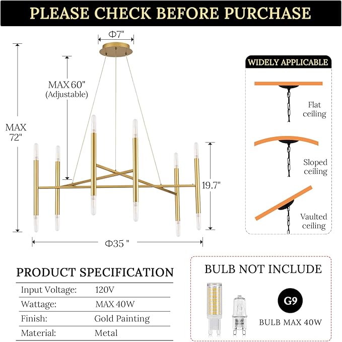 Gold Chandelier Light Fixture, 12-Light Brassy Gold Chandelier for Dining Room 35" Geometric Hanging Chandeliers Mid-Century Light Fixture for Entry Kitchen Bedroom, G9