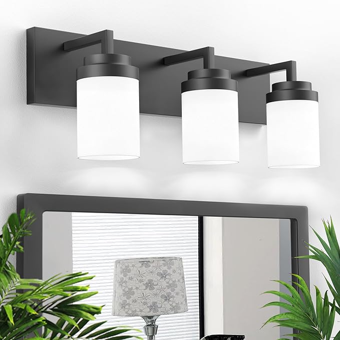 Bathroom Vanity Light, 3 Light Matte Black Vanity Light with White Matte Glass Shade, 22in Farmhouse Wall Light, Lighting Fixtures Over Mirror for Bathroom/Living Room