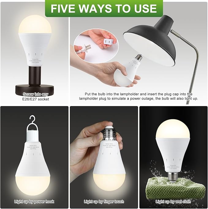 4 Pack Rechargeable Emergency Light Bulbs, Battery Powered LED Light Bulb 3000K Warm E26 120 Volt 9W 60W Equivalent with 1200mAh for Home Power Outage Camping Hurricane