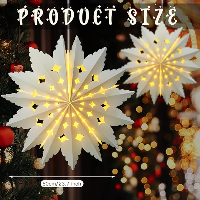 23.6 Inch Christmas Star Snowflake Paper Lantern with Light Timer Paper Lamp Party Supplies Hanging Decoration for Weddings Christmas Trees Birthday Holiday Party Celebration (Elegant Style)