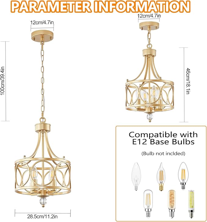 Gold Chandelier,11.2in Farmhouse Lantern Pendant Light Fixture,Adjustable Hanging Ceiling Lamp,for Kitchen Island,Bedroom,Entryway,Dining Room