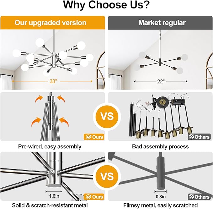 33" Modern Chandelier Ceiling Light Fixture, 12-Light Sputnik Chandeliers Chrome Mid Century Chandelier Over Table, Height Adjustable Chandeliers for Dining Room Living Room Kitchen