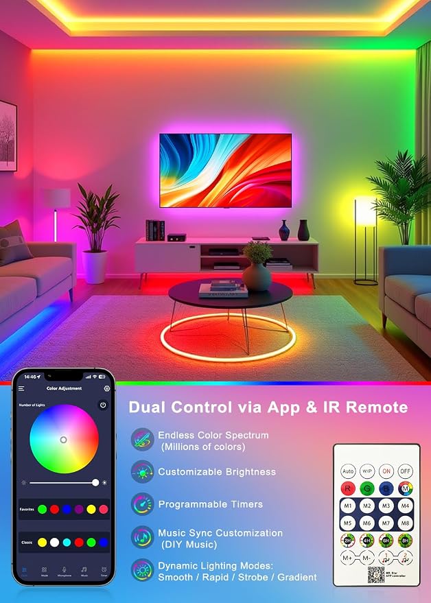 9.8FT RGB+IC LED Neon Rope Light Strip with Remote | Multiple Modes,5v USB Powered,Music Sync,For Living Room,Bedroom, Party & Holiday Decoration