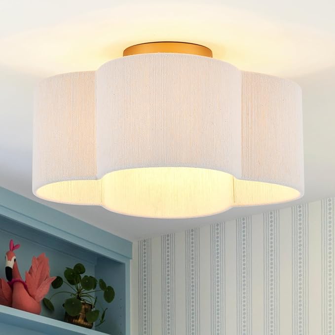 VILUXY Boho Rattan Semi Flush Mount Ceiling Light Fixture, 4-Light Gold Ceiling Lighting with Hand Wovan Wicker Shade Costal Drum Close to Ceiling Light for Bedroom Hallway Nursery, UL Listed