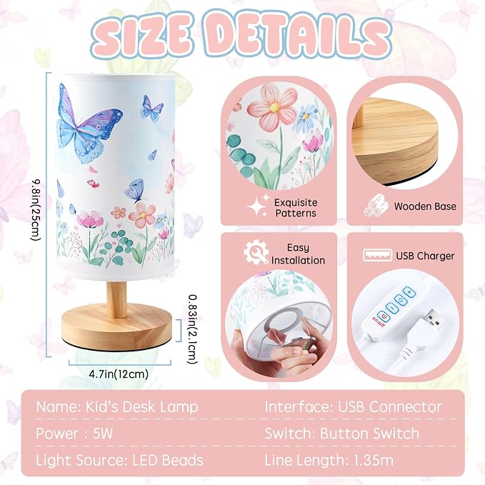 Butterfly Table Lamp for Kids Bedroom, 3-Way Dimmable Bedside Lamp with Wooden Base and Fabric Shade, Floral Butterfly Nursery Night Light for Girls Room Decor, Cute Butterfly Gifts for Kids